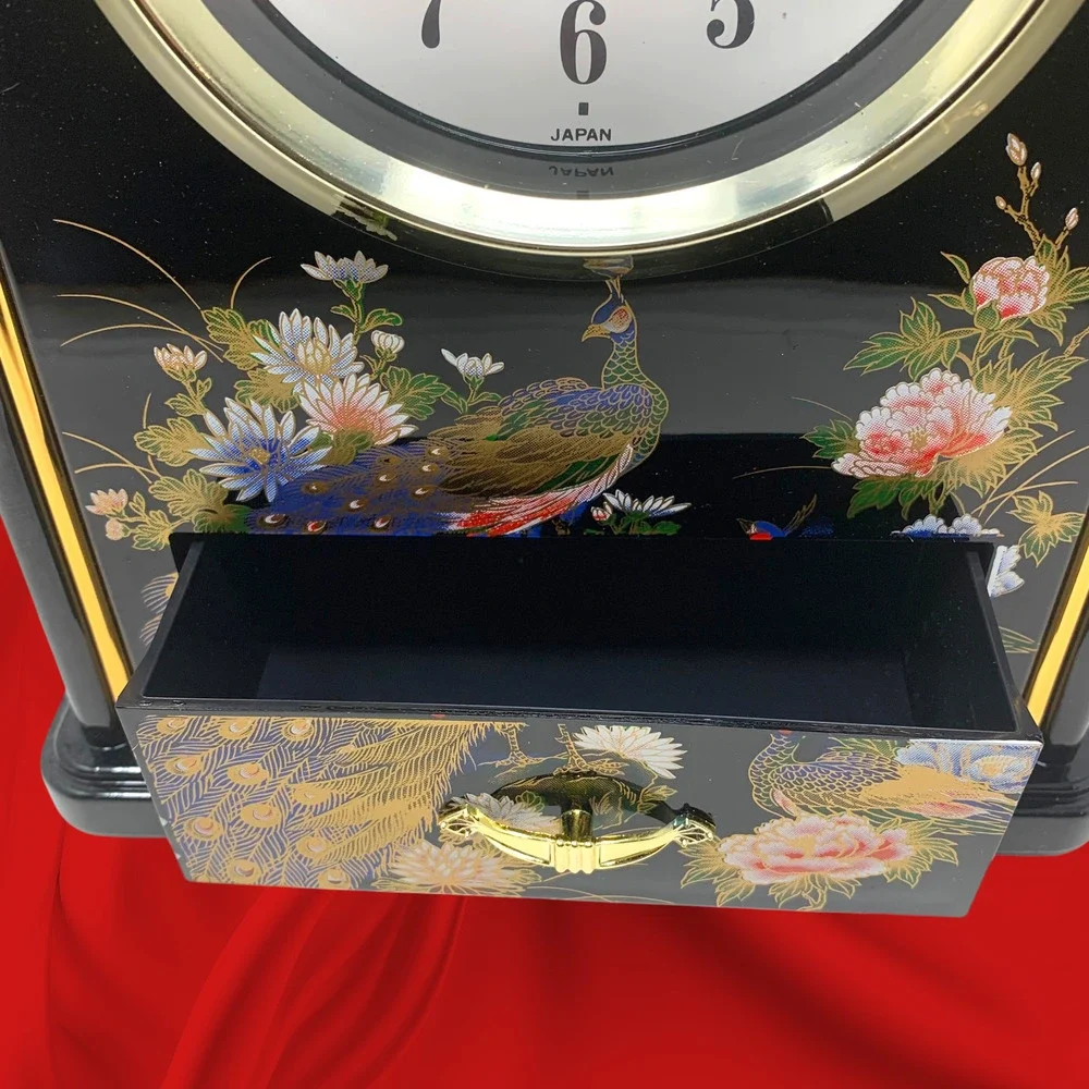NEW Vintage 1980s Asian Black Acrylic Quartz Mantel Clock Drawer Boxed Japan